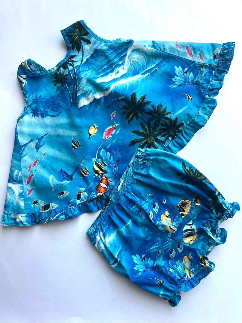 Vintage Girls Hilo Hattie Blue Tropical Ocean Print play set Sz 12 months